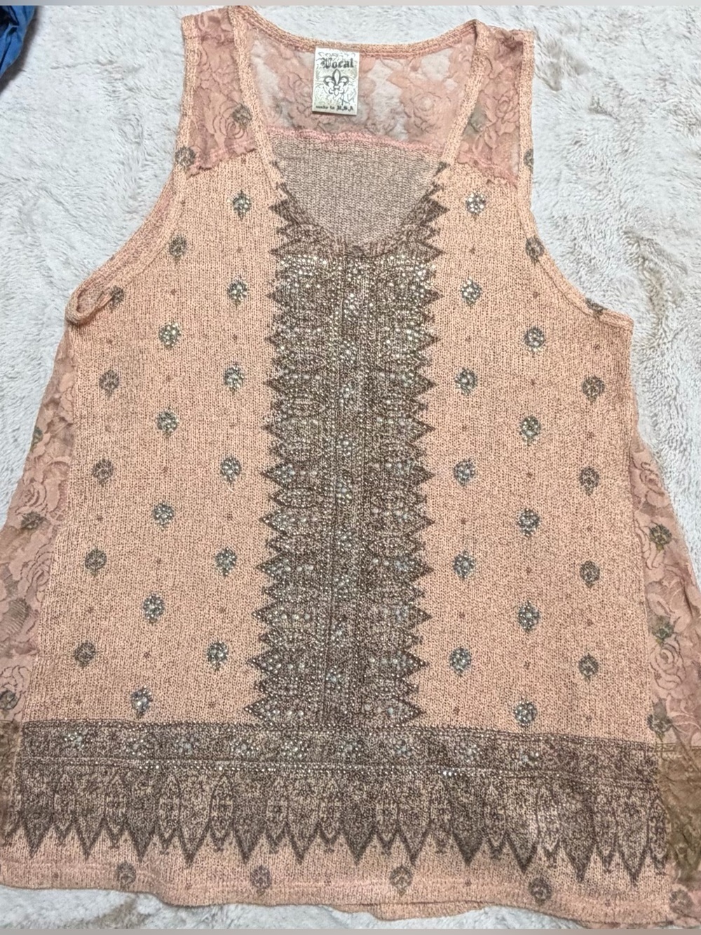 Vocal Peach Embellished Lace-Back Tank Top XL